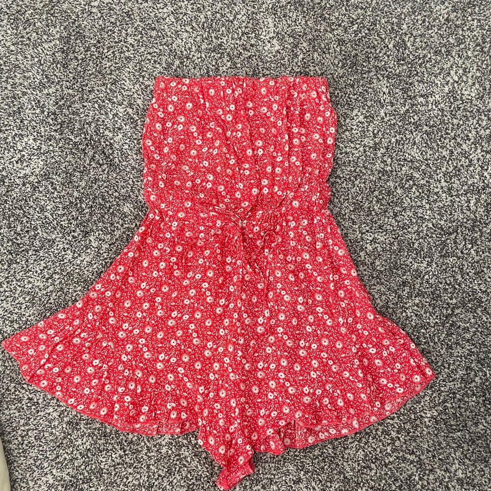 Skyler + Madison red floral strapless romper